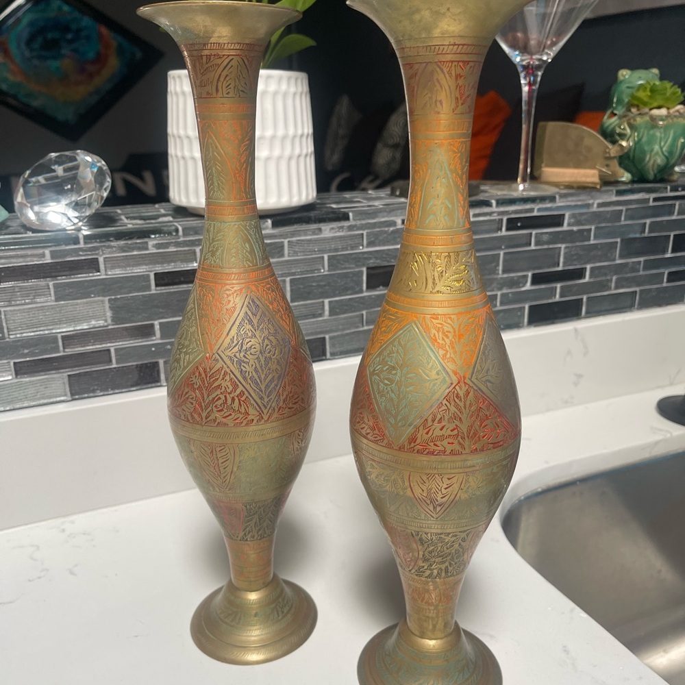 Pair of Etched Brass Vases in Green and Orange Tones